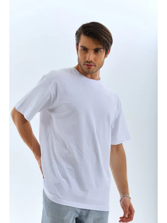 Unisex Oversize Düz Bisiklet Yaka T-shirt - Beyaz
