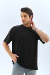 Unisex Oversize Düz Bisiklet Yaka T-shirt - Siyah