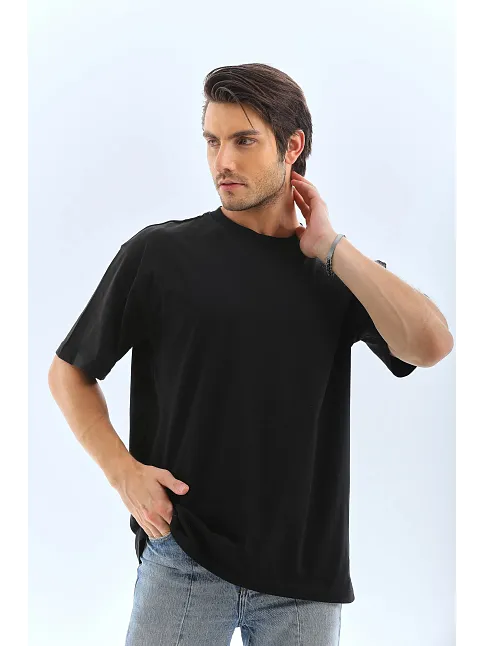 Unisex Oversize Düz Bisiklet Yaka T-shirt - Siyah