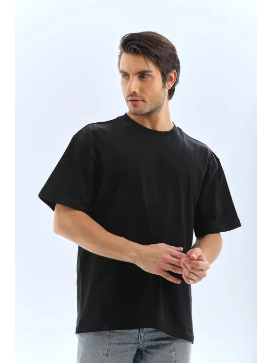 Unisex Oversize Düz Bisiklet Yaka T-shirt - Siyah