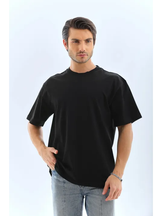 Unisex Oversize Düz Bisiklet Yaka T-shirt - Siyah