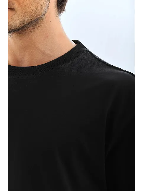 Unisex Oversize Düz Bisiklet Yaka T-shirt - Siyah