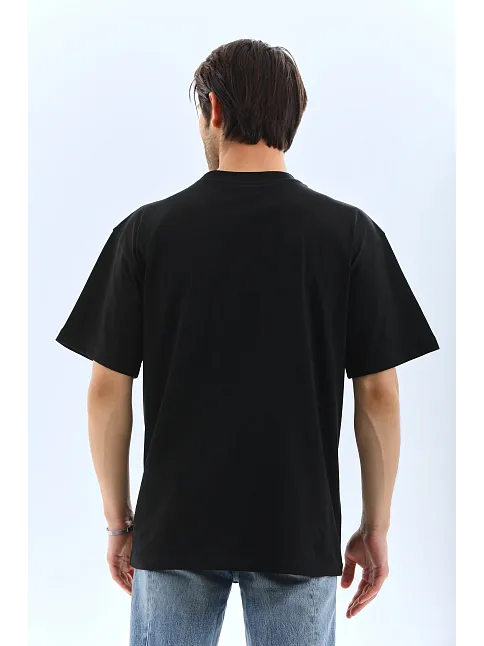 Unisex Oversize Düz Bisiklet Yaka T-shirt - Siyah