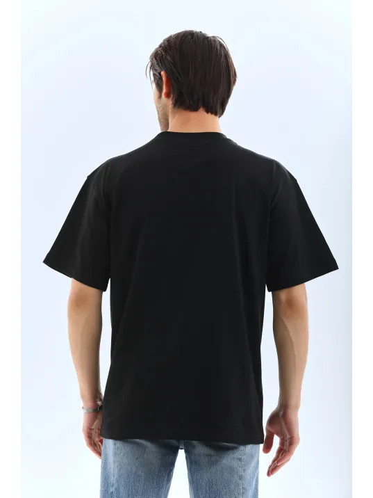 Unisex Oversize Düz Bisiklet Yaka T-shirt - Siyah