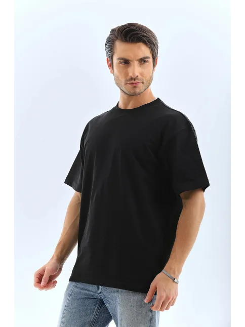 Unisex Oversize Düz Bisiklet Yaka T-shirt - Siyah