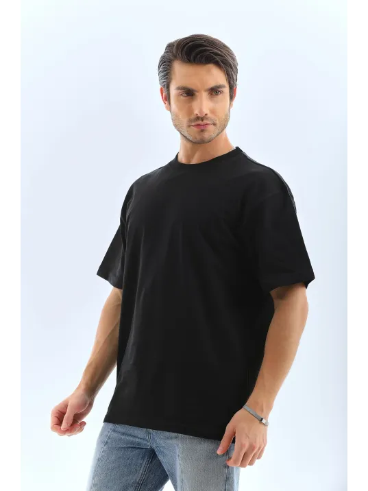 Unisex Oversize Düz Bisiklet Yaka T-shirt - Siyah