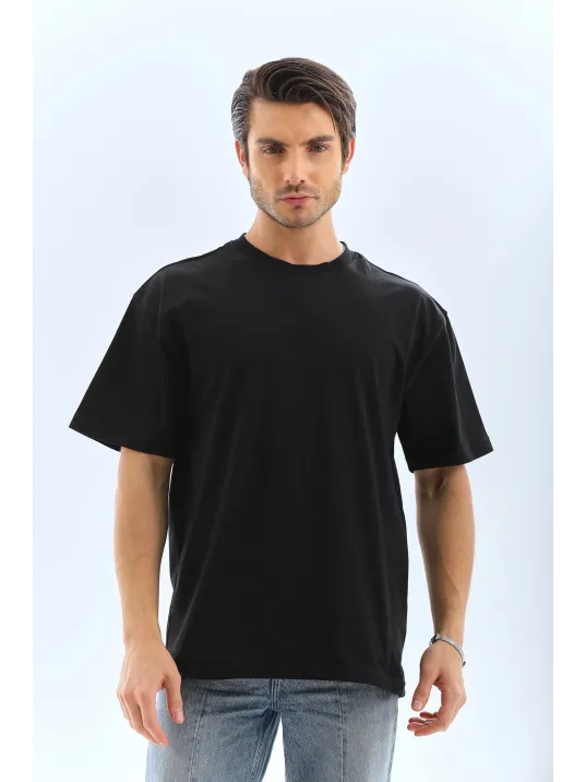 Unisex Oversize Düz Bisiklet Yaka T-shirt - Siyah