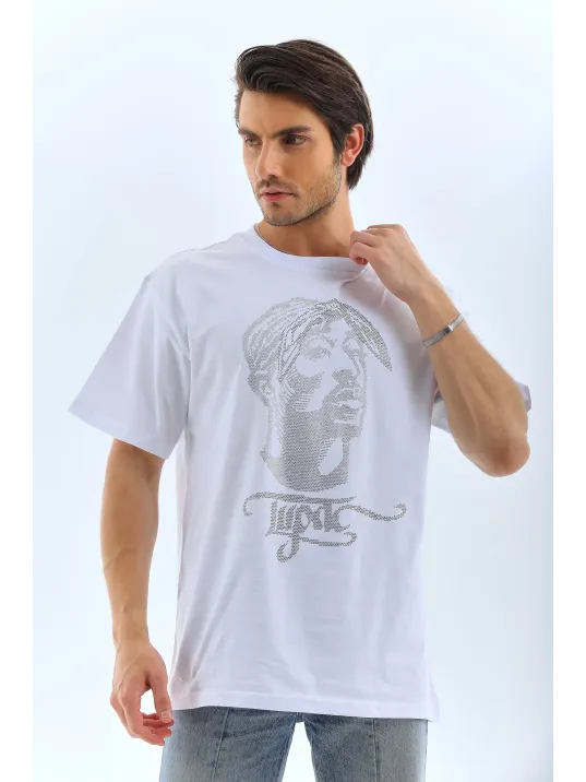 Unisex Oversize Taşlı Bisiklet Yaka T-Shirt - Beyaz Unisex Oversize Taşlı Bisiklet Yaka T-Shirt - Beyaz