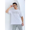 Unisex Oversize Taşlı Bisiklet Yaka T-Shirt - Beyaz Unisex Oversize Taşlı Bisiklet Yaka T-Shirt - Beyaz