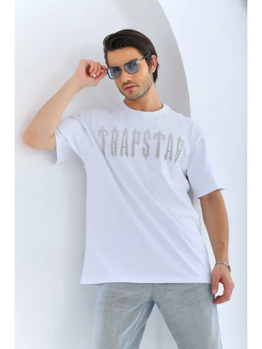 Unisex Oversize Taşlı Bisiklet Yaka T-Shirt - Beyaz Unisex Oversize Taşlı Bisiklet Yaka T-Shirt - Beyaz