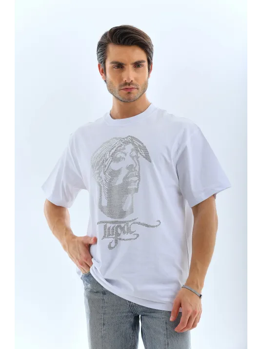 Unisex Oversize Taşlı Bisiklet Yaka T-Shirt - Beyaz Unisex Oversize Taşlı Bisiklet Yaka T-Shirt - Beyaz