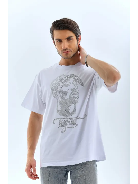 Unisex Oversize Taşlı Bisiklet Yaka T-Shirt - Beyaz Unisex Oversize Taşlı Bisiklet Yaka T-Shirt - Beyaz