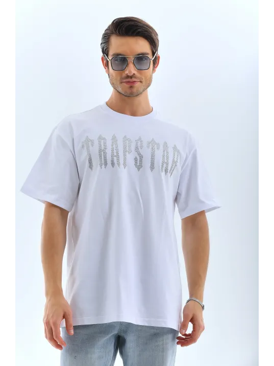 Unisex Oversize Taşlı Bisiklet Yaka T-Shirt - Beyaz Unisex Oversize Taşlı Bisiklet Yaka T-Shirt - Beyaz