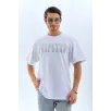 Unisex Oversize Taşlı Bisiklet Yaka T-Shirt - Beyaz Unisex Oversize Taşlı Bisiklet Yaka T-Shirt - Beyaz