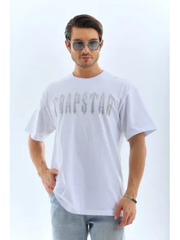 Unisex Oversize Taşlı Bisiklet Yaka T-Shirt - Beyaz Unisex Oversize Taşlı Bisiklet Yaka T-Shirt - Beyaz