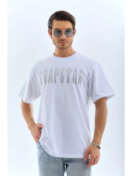 Unisex Oversize Taşlı Bisiklet Yaka T-Shirt - Beyaz Unisex Oversize Taşlı Bisiklet Yaka T-Shirt - Beyaz