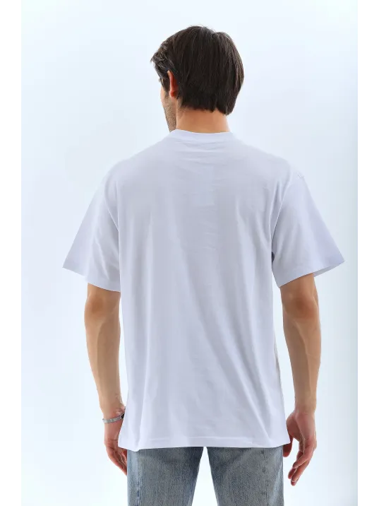 Unisex Oversize Taşlı Bisiklet Yaka T-Shirt - Beyaz Unisex Oversize Taşlı Bisiklet Yaka T-Shirt - Beyaz