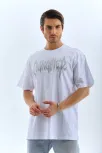 Unisex Oversize Taşlı Bisiklet Yaka T-shirt - Beyaz