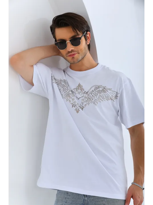 Unisex Oversize Taşlı Bisiklet Yaka T-Shirt - Beyaz Unisex Oversize Taşlı Bisiklet Yaka T-Shirt - Beyaz