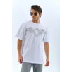 Unisex Oversize Taşlı Bisiklet Yaka T-Shirt - Beyaz Unisex Oversize Taşlı Bisiklet Yaka T-Shirt - Beyaz