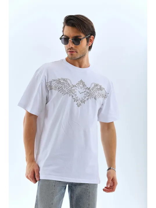 Unisex Oversize Taşlı Bisiklet Yaka T-Shirt - Beyaz Unisex Oversize Taşlı Bisiklet Yaka T-Shirt - Beyaz