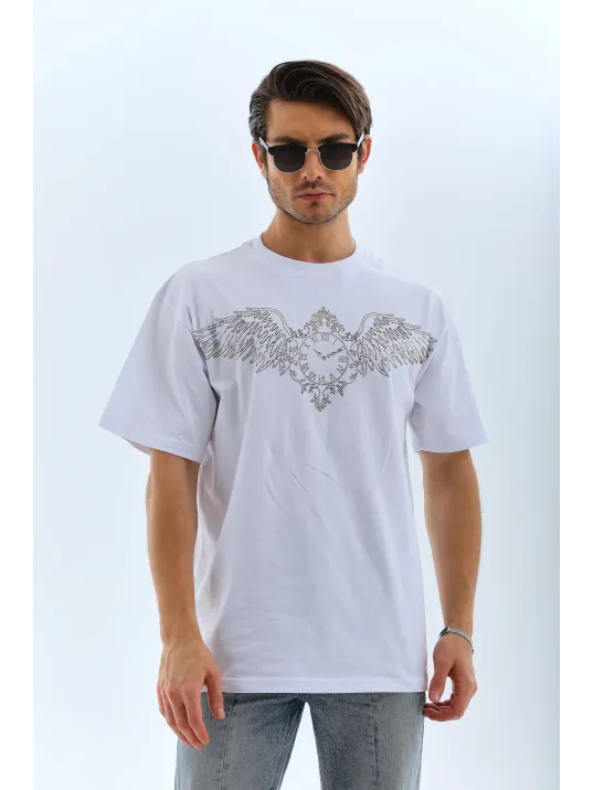 Unisex Oversize Taşlı Bisiklet Yaka T-Shirt - Beyaz Unisex Oversize Taşlı Bisiklet Yaka T-Shirt - Beyaz