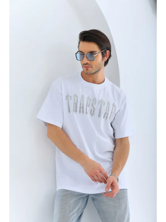 Unisex Oversize Taşlı Bisiklet Yaka T-Shirt - Beyaz Unisex Oversize Taşlı Bisiklet Yaka T-Shirt - Beyaz