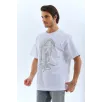 Unisex Oversize Taşlı Bisiklet Yaka T-Shirt - Beyaz Unisex Oversize Taşlı Bisiklet Yaka T-Shirt - Beyaz