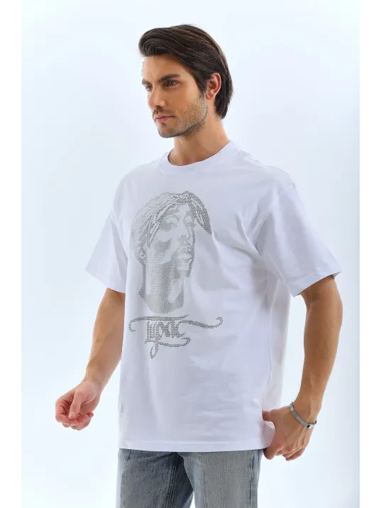 Unisex Oversize Taşlı Bisiklet Yaka T-Shirt - Beyaz Unisex Oversize Taşlı Bisiklet Yaka T-Shirt - Beyaz
