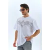 Unisex Oversize Taşlı Bisiklet Yaka T-Shirt - Beyaz Unisex Oversize Taşlı Bisiklet Yaka T-Shirt - Beyaz