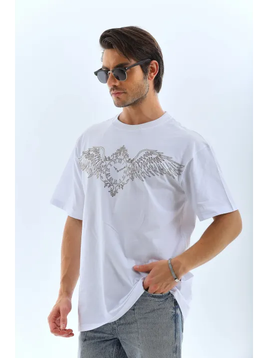 Unisex Oversize Taşlı Bisiklet Yaka T-Shirt - Beyaz Unisex Oversize Taşlı Bisiklet Yaka T-Shirt - Beyaz
