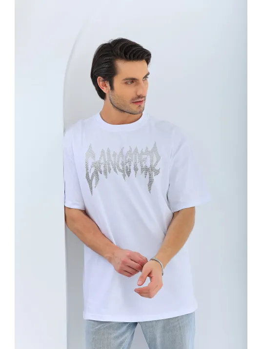 Unisex Oversize Taşlı Bisiklet Yaka T-Shirt - Beyaz Unisex Oversize Taşlı Bisiklet Yaka T-Shirt - Beyaz