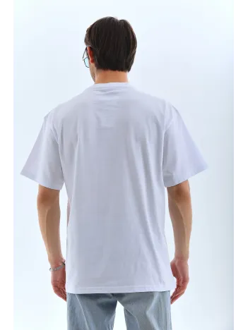 Unisex Oversize Taşlı Bisiklet Yaka T-Shirt - Beyaz