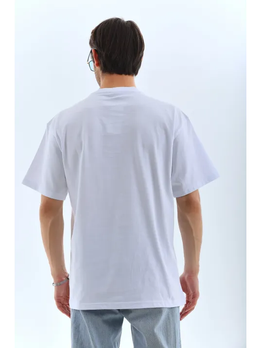 Unisex Oversize Taşlı Bisiklet Yaka T-Shirt - Beyaz Unisex Oversize Taşlı Bisiklet Yaka T-Shirt - Beyaz