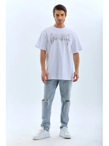 Unisex Oversize Taşlı Bisiklet Yaka T-Shirt - Beyaz Unisex Oversize Taşlı Bisiklet Yaka T-Shirt - Beyaz