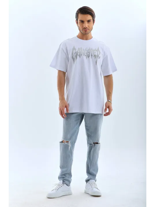 Unisex Oversize Taşlı Bisiklet Yaka T-Shirt - Beyaz Unisex Oversize Taşlı Bisiklet Yaka T-Shirt - Beyaz