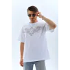 Unisex Oversize Taşlı Bisiklet Yaka T-Shirt - Beyaz Unisex Oversize Taşlı Bisiklet Yaka T-Shirt - Beyaz