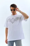 Unisex Oversize Taşlı Bisiklet Yaka T-shirt - Beyaz