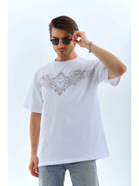 Unisex Oversize Taşlı Bisiklet Yaka T-Shirt - Beyaz Unisex Oversize Taşlı Bisiklet Yaka T-Shirt - Beyaz