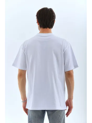 Unisex Oversize Taşlı Bisiklet Yaka T-Shirt - Beyaz