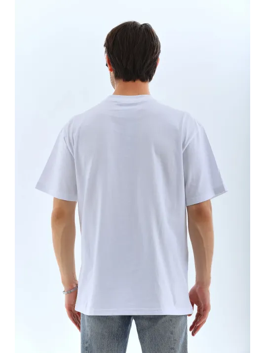 Unisex Oversize Taşlı Bisiklet Yaka T-Shirt - Beyaz Unisex Oversize Taşlı Bisiklet Yaka T-Shirt - Beyaz