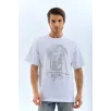 Unisex Oversize Taşlı Bisiklet Yaka T-Shirt - Beyaz Unisex Oversize Taşlı Bisiklet Yaka T-Shirt - Beyaz