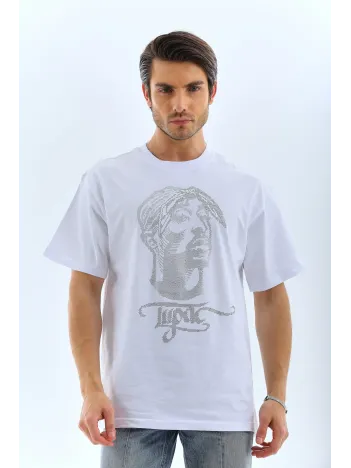 Unisex Oversize Taşlı Bisiklet Yaka T-Shirt - Beyaz Unisex Oversize Taşlı Bisiklet Yaka T-Shirt - Beyaz