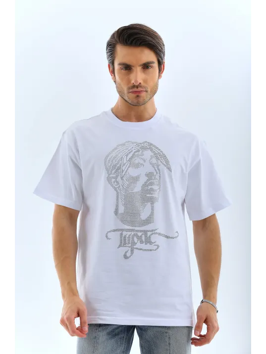 Unisex Oversize Taşlı Bisiklet Yaka T-Shirt - Beyaz Unisex Oversize Taşlı Bisiklet Yaka T-Shirt - Beyaz