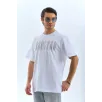 Unisex Oversize Taşlı Bisiklet Yaka T-Shirt - Beyaz Unisex Oversize Taşlı Bisiklet Yaka T-Shirt - Beyaz