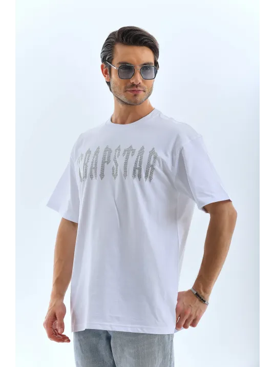 Unisex Oversize Taşlı Bisiklet Yaka T-Shirt - Beyaz Unisex Oversize Taşlı Bisiklet Yaka T-Shirt - Beyaz