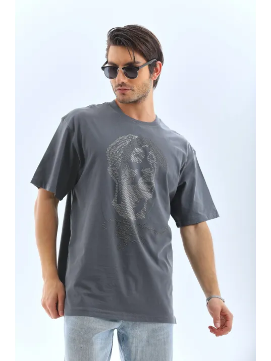 Unisex Oversize Taşlı Bisiklet Yaka T-Shirt - Füme Unisex Oversize Taşlı Bisiklet Yaka T-Shirt - Füme