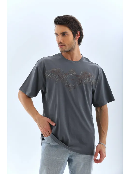 Unisex Oversize Taşlı Bisiklet Yaka T-Shirt - Füme Unisex Oversize Taşlı Bisiklet Yaka T-Shirt - Füme