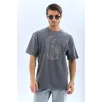 Unisex Oversize Taşlı Bisiklet Yaka T-Shirt - Füme Unisex Oversize Taşlı Bisiklet Yaka T-Shirt - Füme