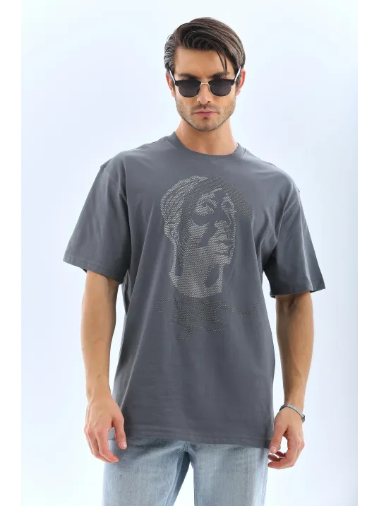 Unisex Oversize Taşlı Bisiklet Yaka T-Shirt - Füme Unisex Oversize Taşlı Bisiklet Yaka T-Shirt - Füme